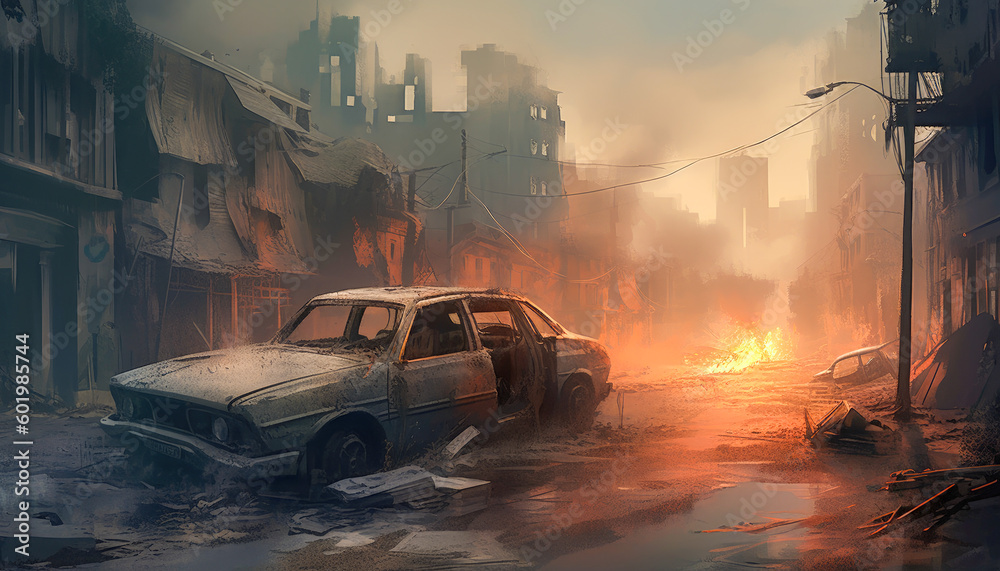 Old rusty classic car abandoned in the ruins of a city destroyed by war and climate change. Painting Style. Generative AI