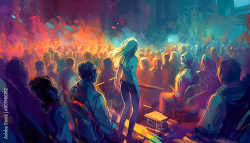 Illustration of a lively concert crowd, captured in a vibrant painting. Generative AI