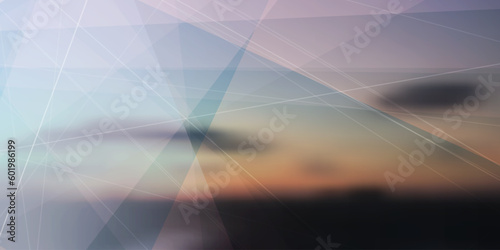 Lines, Stripes, Translucent Geometric Shapes Pattern on Abstract Blurred Brown, Red, Golden and Blue Sunset Sky Vector Background, Texture Design, Wide Scale Multipurpose Vector Template