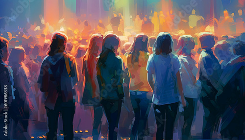 Illustration of a lively crowd at a party, captured in a colorful painting. Generative AI