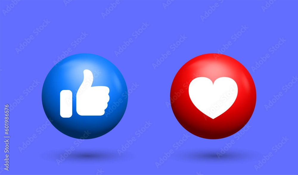 3d Like and love icon button. Thumbs up and heart flat icon in modern 3d circle shapes , Social media notification icons. emoji post reactions set. Vector illustration - obrazy, fototapety, plakaty 