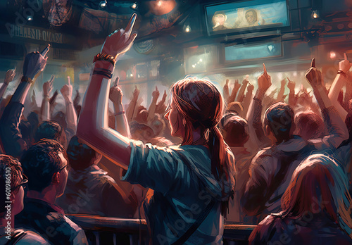 Illustration of a lively concert crowd with hands raised in excitement. Generative AI