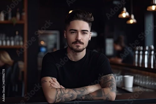 Portrait of a handsome barista in black t - shirt and apron in modern cafe. Ai generative.