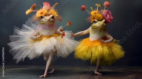 Toads dancing in tutu skirt. Generative AI
