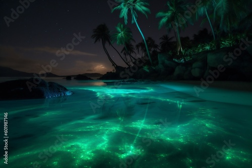 luminous sky beach palm ocean blue night vacation tree paradise tropical. Generative AI.
