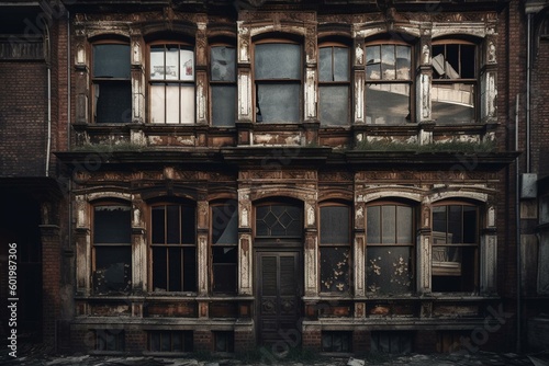 Deteriorated Victorian building with boarded-up windows. Generative AI