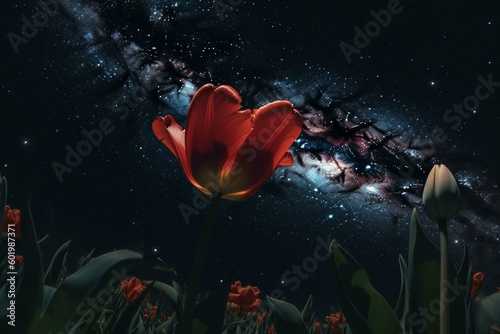 A tulip blooming in a garden under a starry sky. Generative AI