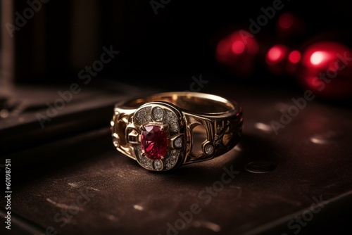 A hinged lock and a three-stone engagement ring with ruby solitaires depicted in 3D. Generative AI