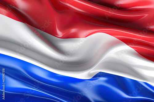 red  white and blue background  waving the national flag of Netherlands  waved a highly detailed close-up. Created with Generative AI Technology