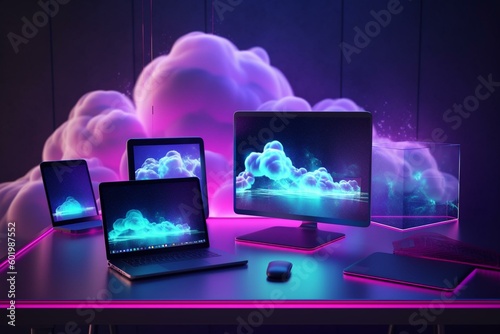 Illustration of modern cloud technologies in neon colors with computer, laptop, tablet and smartphone in cyber space. Generative AI