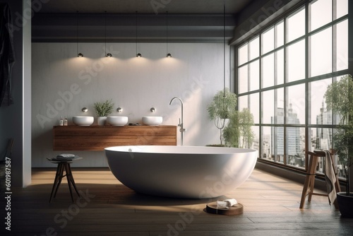 Minimalist loft with a bright atmosphere features a standalone tub for a calming spa experience. 3D model. Generative AI