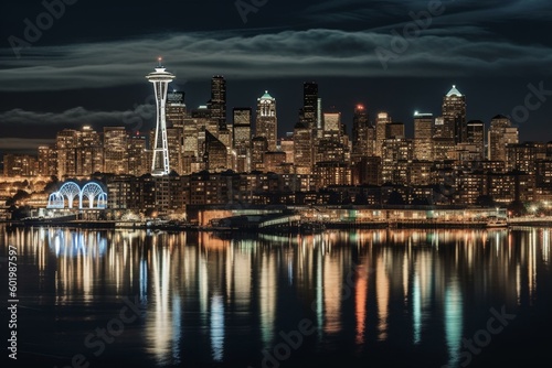 Clip art of Seattle's skyline panorama. Generative AI © Bellamy