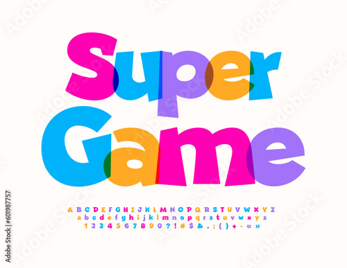 Vector watercolor Emblem Super Game. Creative Kids Font. Bright Artistic Alphabet Letters and Numbers.