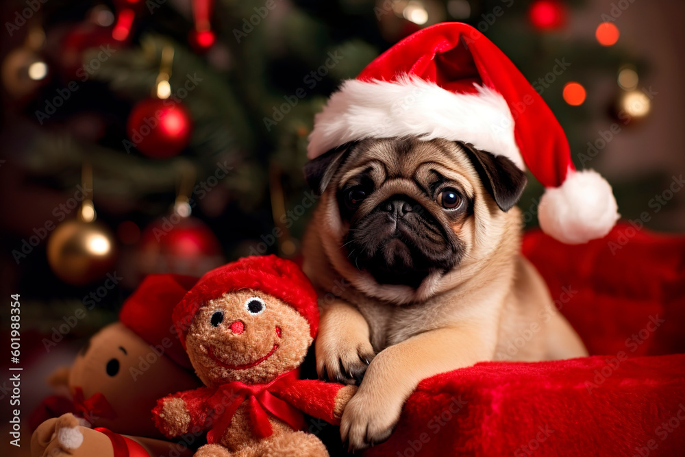 doggy in Christmas headdress, Christmas tree, ai generated