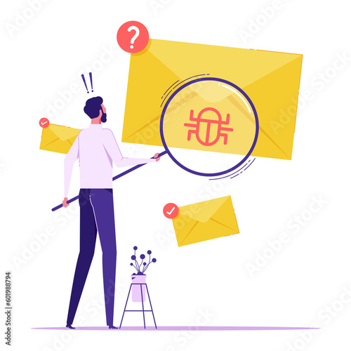 Man looking at letter in envelope through magnifying glass and seeing virus, malware. Concept of spam message, suspicious e-mail, online safety or security