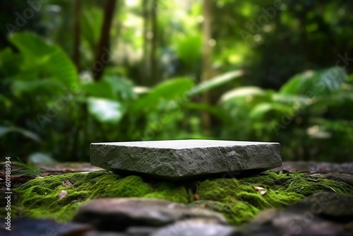 Foto old wood and stone bench mockup forest background platform