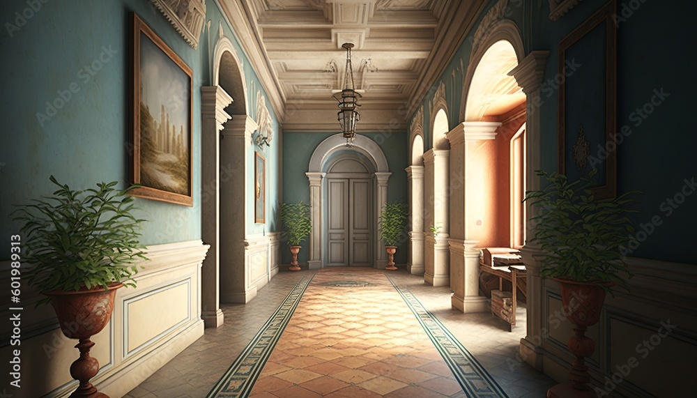 Long and bright mediterrean hallway with marble tile floor big window, potted plants and front door. Generative AI