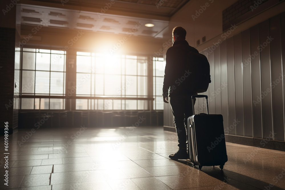Man with suitcase in hall of airport before trip, ai generative Man with suitcase in hall of airport before trip, ai generative