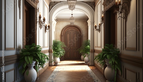 Long and bright mediterrean hallway with marble tile floor big window, potted plants and front door. Generative AI