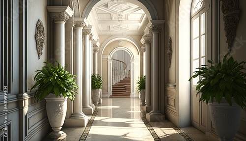 Long and bright mediterrean hallway with marble tile floor big window, potted plants and front door. Generative AI photo