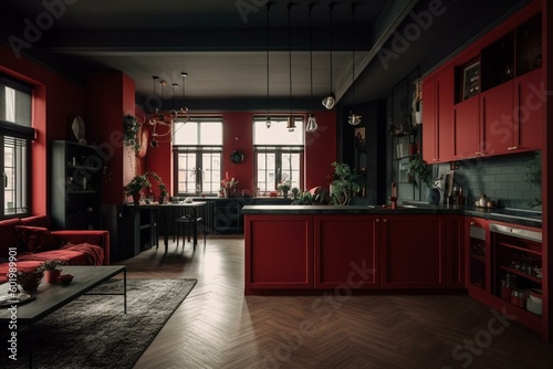 Red kitchen and living room with wide view. Generative AI