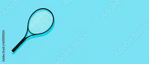 Tennis racket isolated on blue background with copy space. Minimal sport concept. Generative AI © art4all
