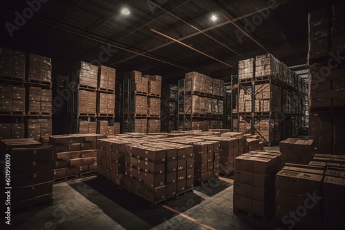 A warehouse filled with packaged goods and boxes for storing and distributing products. Generative AI