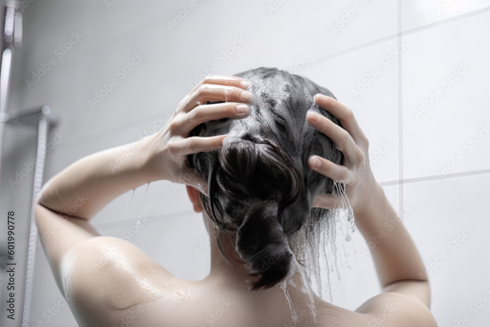 Naklejka premium Woman washing hair with shampoo and shower in the bathroom