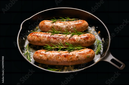 cooked sausages with rosemary in a pan on a table