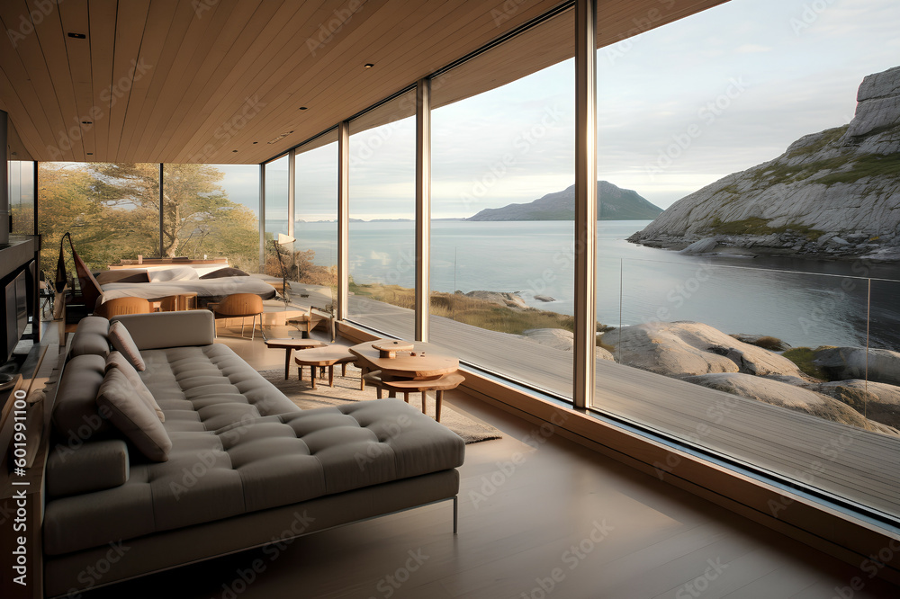 Fototapeta premium Modern, minimalist house in the breathtaking landscape of Norway, Generative AI