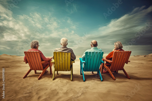 Elderly couples enjoying a day on the beach, reminiscing about past memories. Generative AI