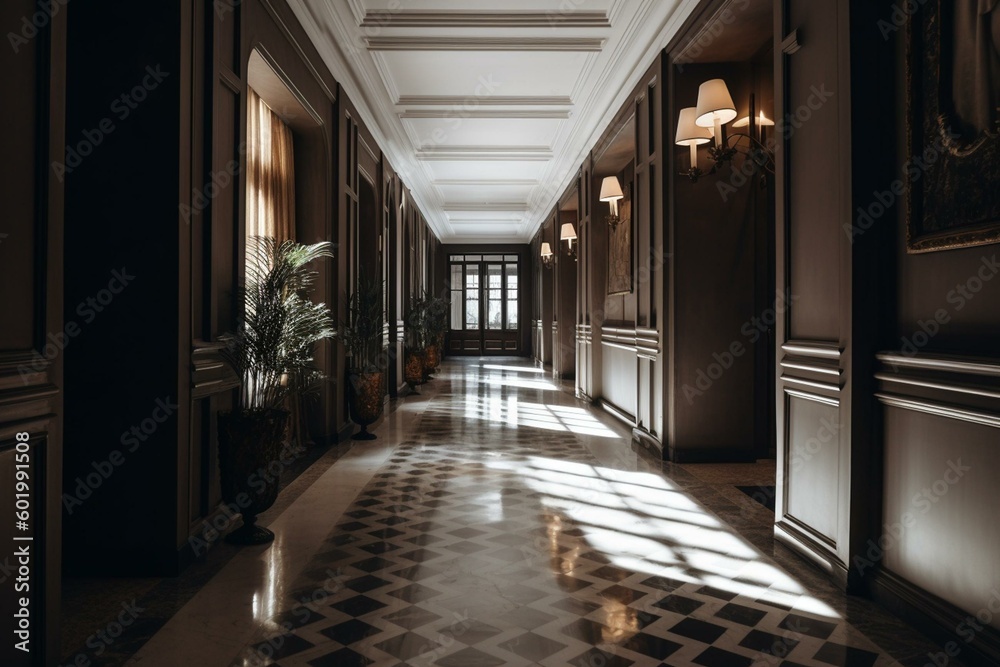 Indoor space featuring hallway and entrances. Generative AI