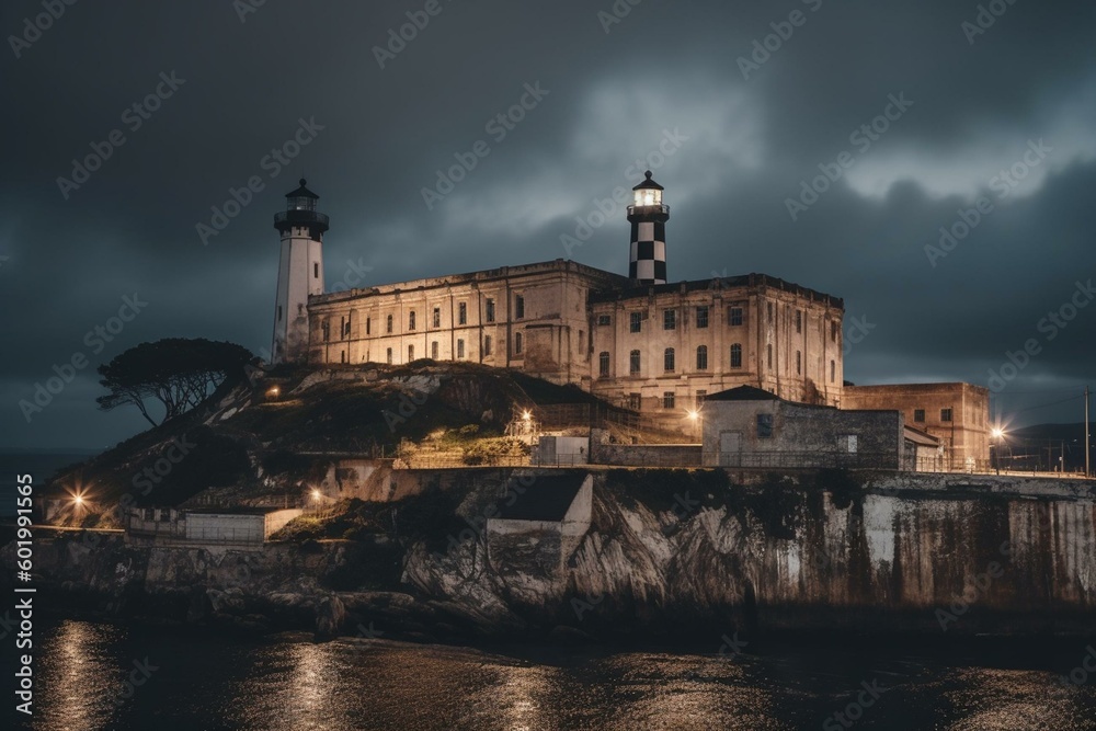 Nighttime view of Alcatraz prison and old castle with lighthouse in the background. Generative AI