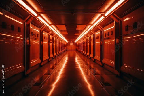 A brightly lit hallway with glowing orange-red pylons, concrete walls, and a sci-fi futuristic feel. Leading to a dark underground garage or gallery stage. Generative AI