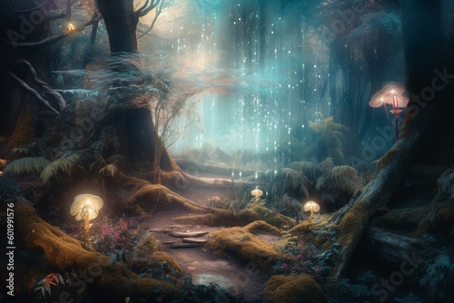 Background of a mystical forest filled with magical elements and whimsical colors. Generative AI