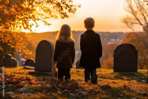 Photo Brother with sister standing on cemetery at sunset