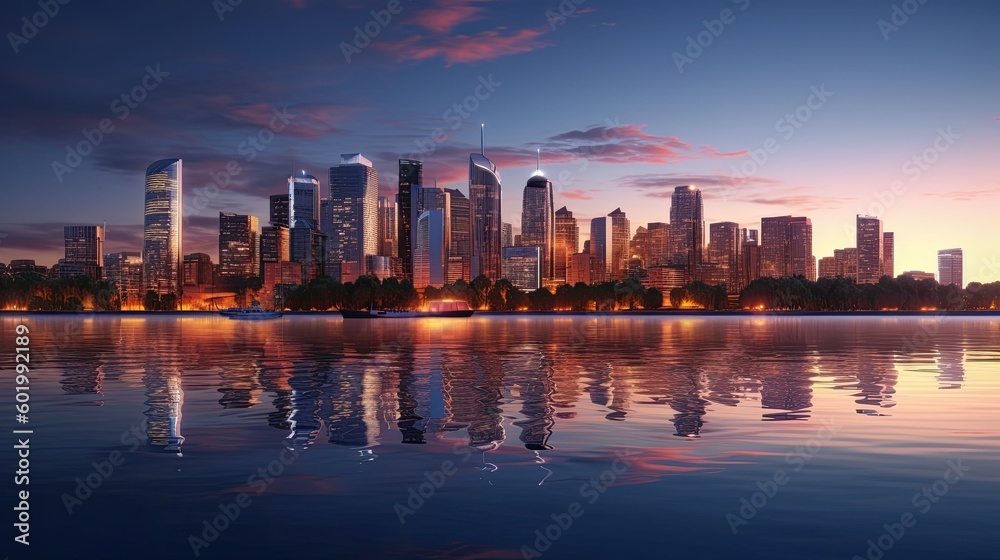 A modern city skyline reflecting in a serene river at twilight, with lights from the buildings creating a mesmerizing effect on the water.

