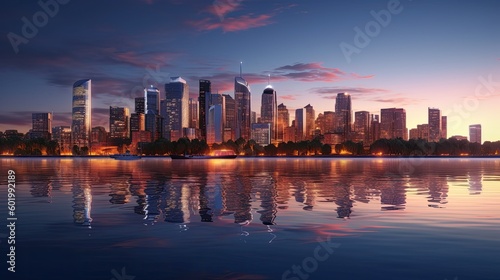 A modern city skyline reflecting in a serene river at twilight, with lights from the buildings creating a mesmerizing effect on the water. 