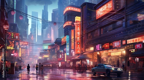 A bustling Asian metropolis with neon signboards  people crossing a busy intersection  and high-rise buildings in the background. 