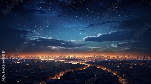 City Under the Stars, A tranquil cityscape at night with buildings silhouetted against a starry sky and a crescent moon hanging low. 