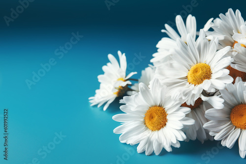 White daisies on blue background. Festive background with copy space. Natural floral wallpaper for mother's, father's day, birthday. 