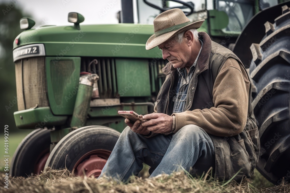 Portrait of farmer using tablet and tractor at harvesting. Modern agriculture with technology and machinery concept.