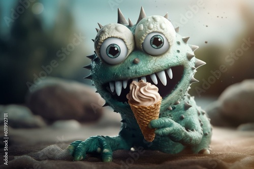 Friendly monster holding ice cream on empty banner background. Generative AI © Jaxon