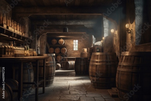 A rustic cellar filled with vintage barrels, visualized in 3D rendering. Generative AI