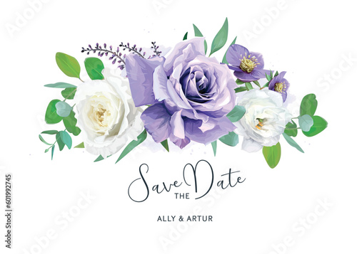 Elegant, watercolor style purple white bouquet. Save the date card template. Rose flowers, helleborum, lisanthus, eucalyptus greenery leaves. Delicate, editable, vector wedding invite, greeting design