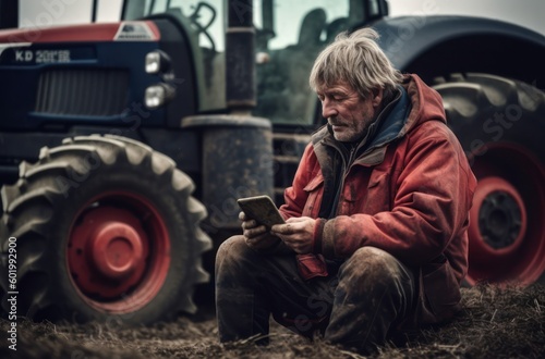 Portrait of farmer using smartphone and tractor at harvesting. Modern agriculture with technology and machinery concept.