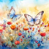 A lot of Whimsical Butterflies with A field of wildflowers background. Beautiful Whimsical Butterflies watercolor Style. Colorful flowers and butterflies on a wildflowers background, Generative AI
