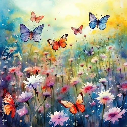 A lot of Whimsical Butterflies with A field of wildflowers background. Beautiful Whimsical Butterflies watercolor Style. Colorful flowers and butterflies on a wildflowers background, Generative AI © thanakrit