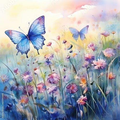 A lot of Whimsical Butterflies with A field of wildflowers background. Beautiful Whimsical Butterflies watercolor Style. Colorful flowers and butterflies on a wildflowers background, Generative AI © thanakrit