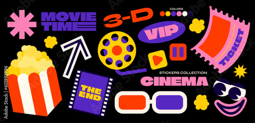 Collection of movie stickers  labels  tags  patches  bracelet stamps. popcorn  film  cinema. Funky groovy hipster stickers in 90s style. Vector set  trendy promo labels